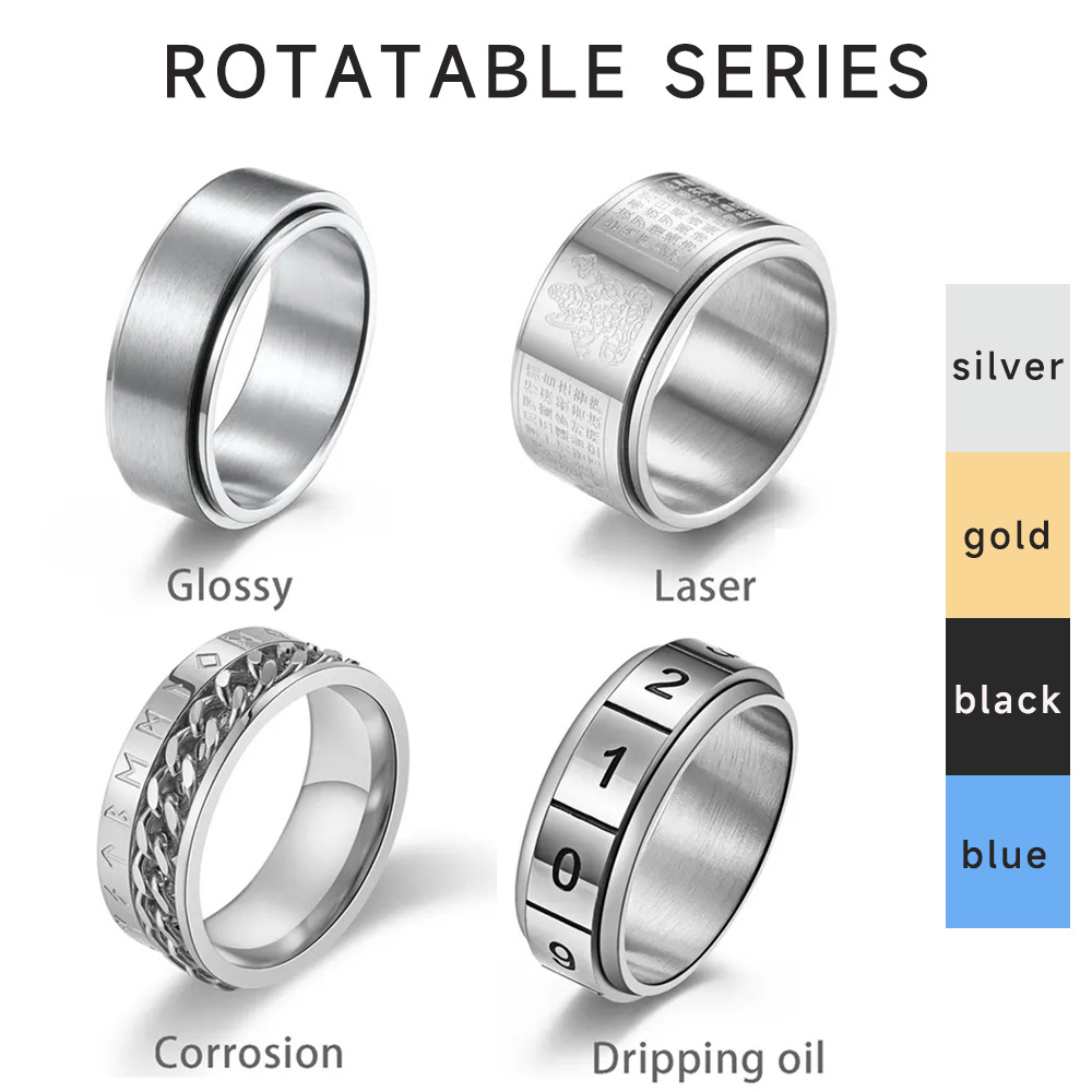 OEM ODM Stainless steel rings silver black rose gold cutting corrosion dripping laser rotatable Stainless steel custom rings