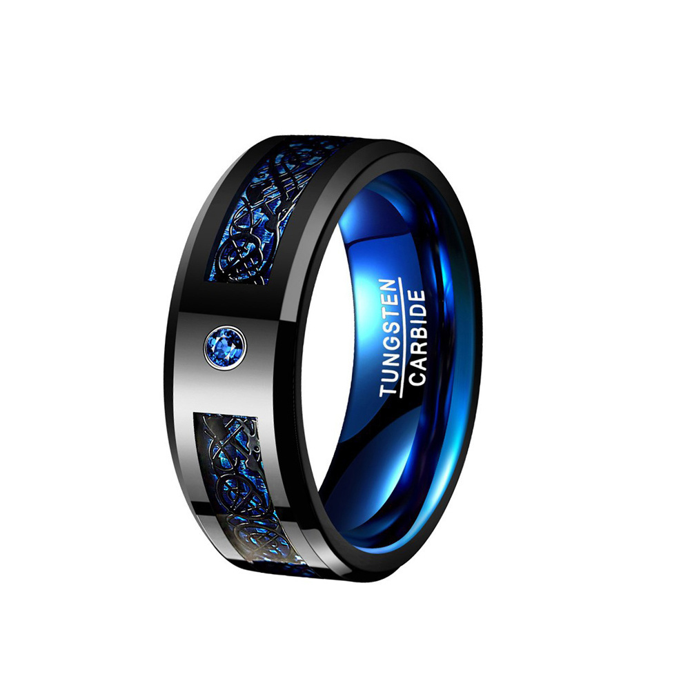 new 8MM luxury tungsten steel ring inlaid black dragon pattern blue red green carbon fiber men tungsten steel ring finger rings