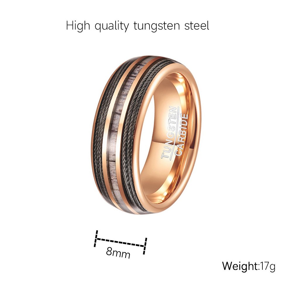 new 8MM luxury Rose gold tungsten steel ring double splicing inlaid with antler steel wire men tungsten steel ring finger rings