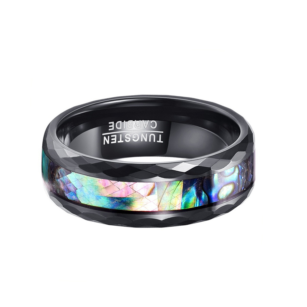 new 8mm Luxury BLACK polished faceted two edge+ middle tungsten steel ring with abalone shell for men finger rings