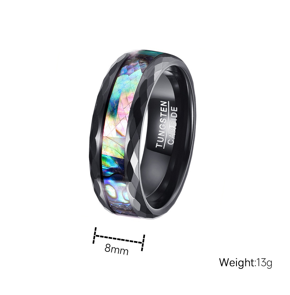 new 8mm Luxury BLACK polished faceted two edge+ middle tungsten steel ring with abalone shell for men finger rings