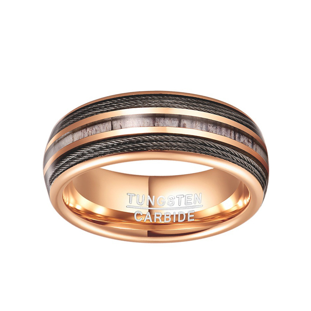 new 8MM luxury Rose gold tungsten steel ring double splicing inlaid with antler steel wire men tungsten steel ring finger rings