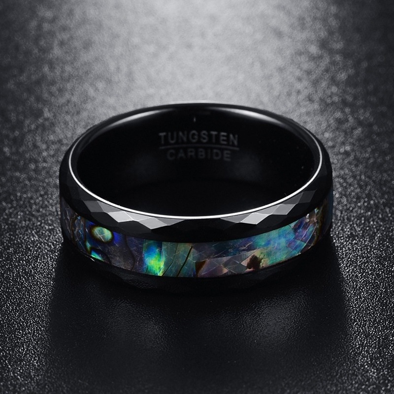 new 8mm Luxury BLACK polished faceted two edge+ middle tungsten steel ring with abalone shell for men finger rings