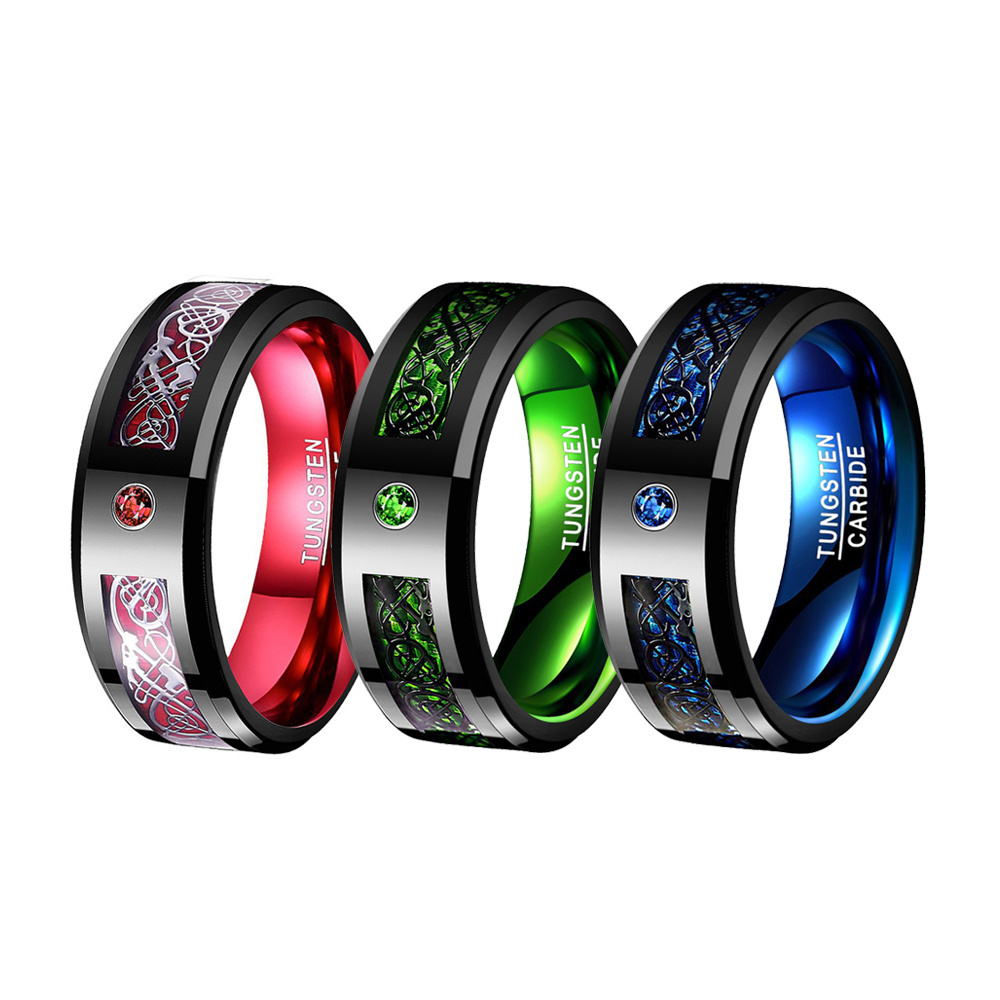 new 8MM luxury tungsten steel ring inlaid black dragon pattern blue red green carbon fiber men tungsten steel ring finger rings