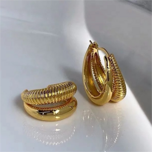 New Gold Huggie Hoop Earrings Double Stripe Panel Stainless Steel 18K Gold Plated Jewelry