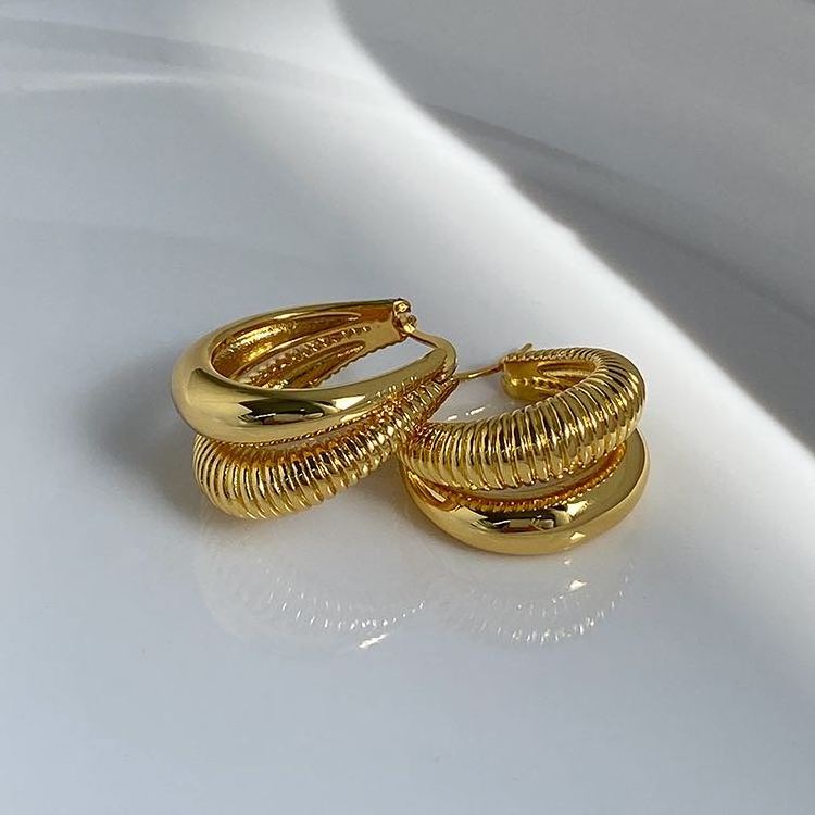 New Gold Huggie Hoop Earrings Double Stripe Panel Stainless Steel 18K Gold Plated Jewelry