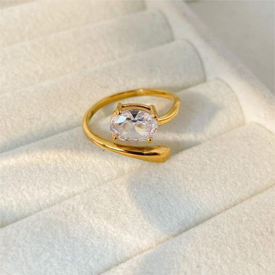 18k Gold Plated Stainless Steel Ring for Women Fashion Jewelry 2024 Open Oval Zircon Ring