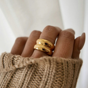 18K Ring Wide Side Double Layer Texture Metallic Gold Plated Stainless Steel Simple Ring Women