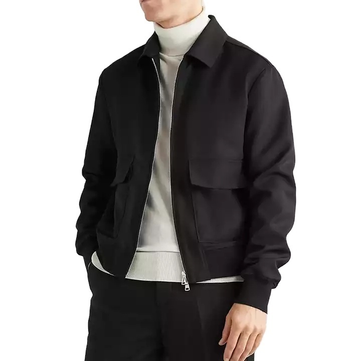 Oem Custom Winter Mans Blank Black Virgin Wool Twill Zipper Blouson Jackets