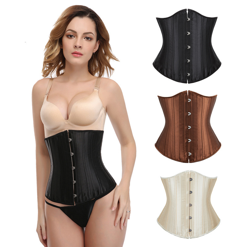 Women Lace Up Satin Cupless Bustier Champagne Black 26 Steel Bones Frim Tummy Control Waist Training Corset