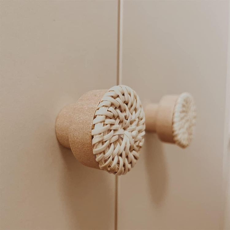 Handmade Boho Rattan Door Wicker Woven Wooden Pull Handles Knobs for Drawer Cabinet