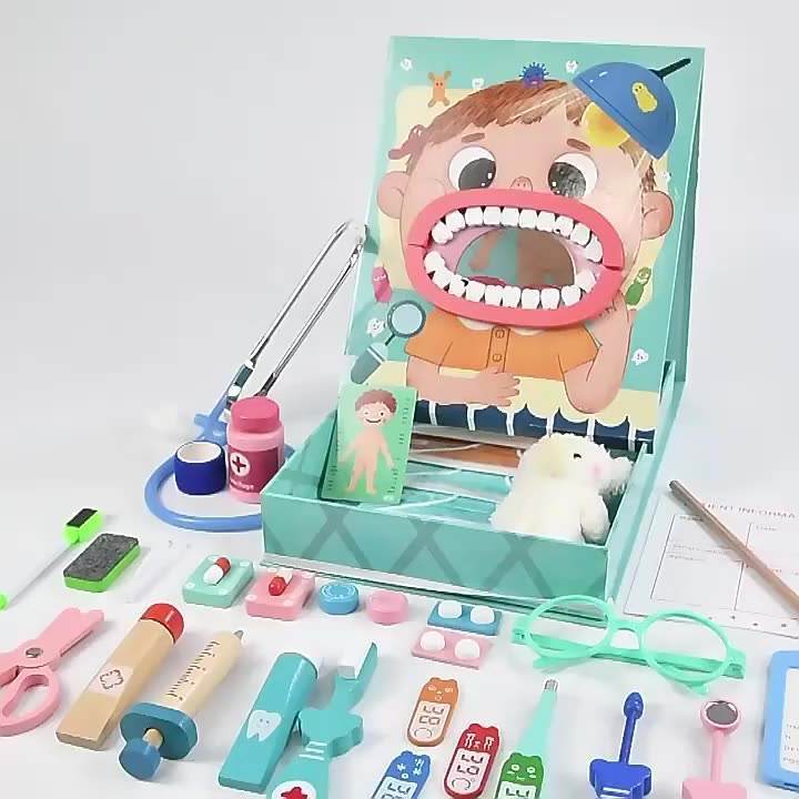 hot selling wooden doctor toy set girl boy simulation play house stethoscope syringe injection dentist set