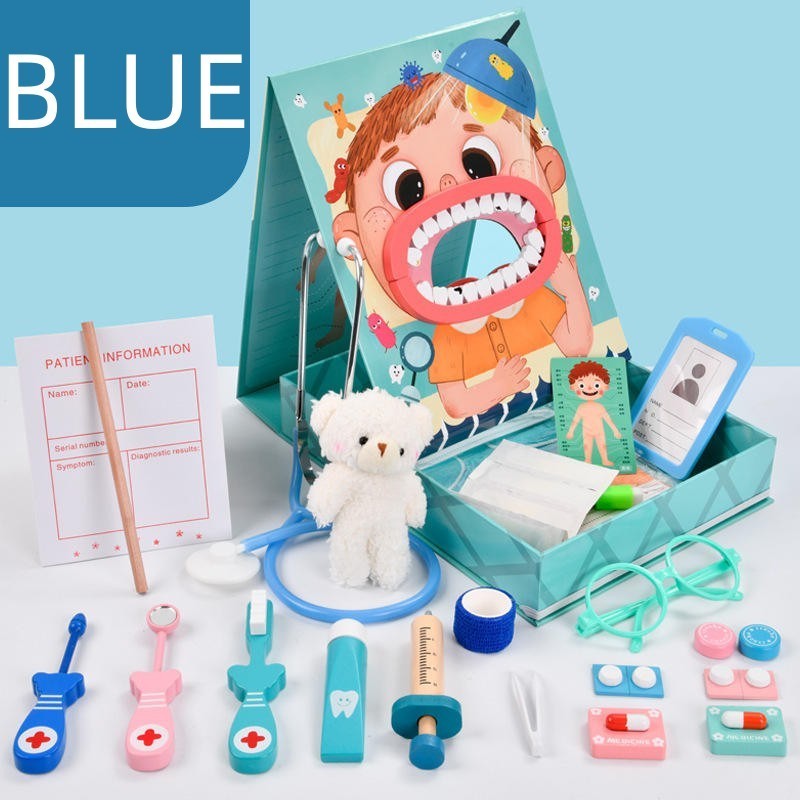 hot selling wooden doctor toy set girl boy simulation play house stethoscope syringe injection dentist set