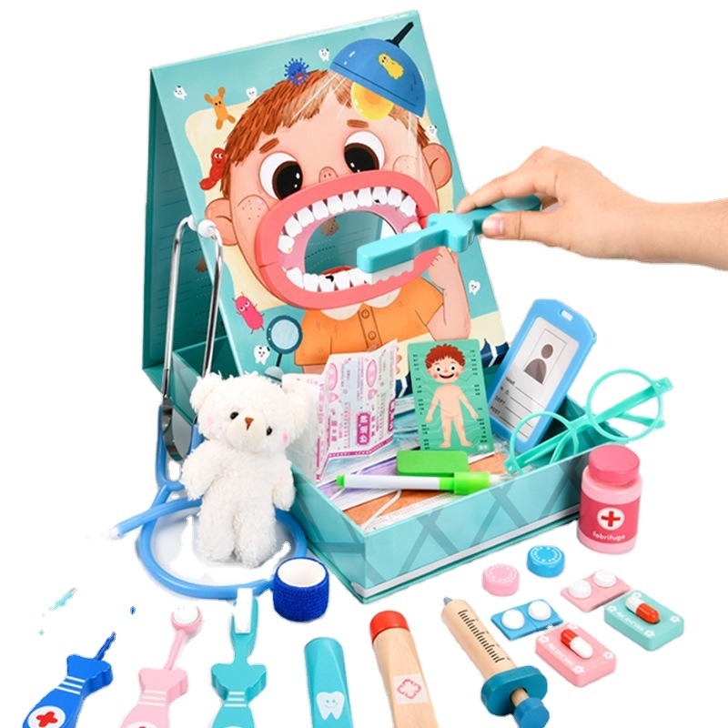 hot selling wooden doctor toy set girl boy simulation play house stethoscope syringe injection dentist set