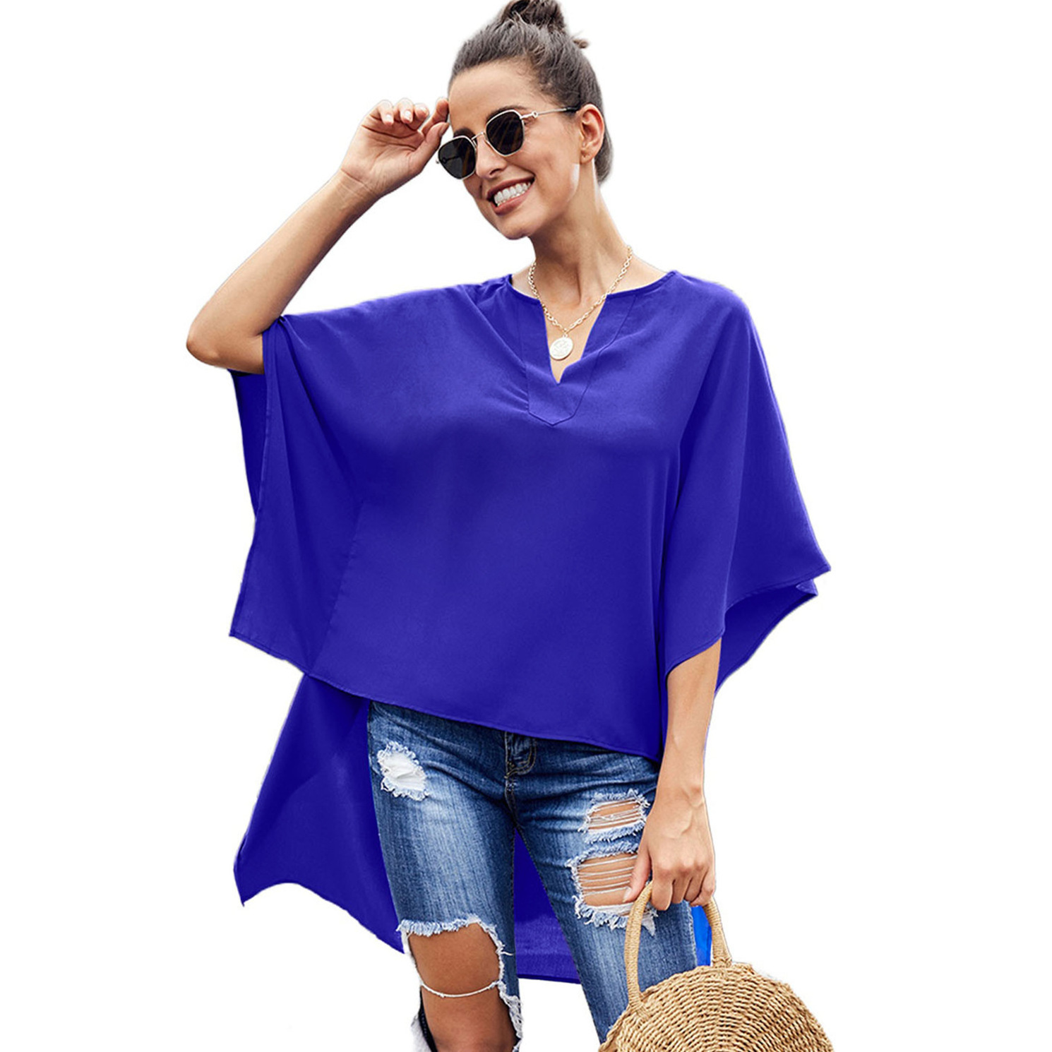 2021 USA Sexy Chiffon Shirt Loose New V-neck Flared Sleeves Hem Front Short Back Long Top For Women Wholesale Free Shipping