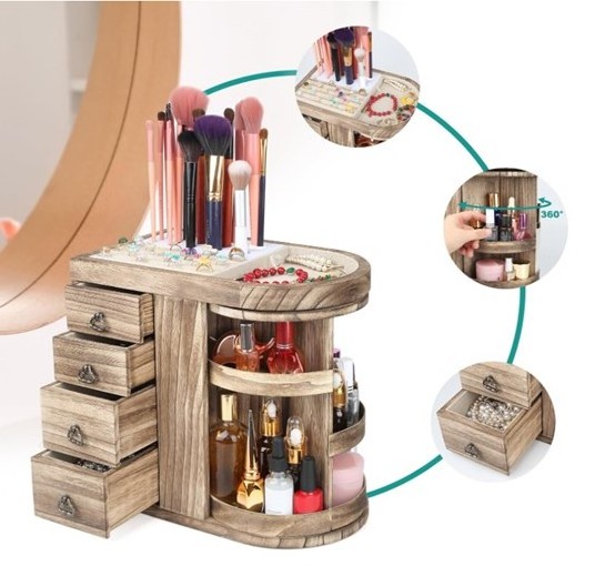 5-Layer Wood Jewelry Organizer 4 Drawers Wooden Jewelry Storage Shelf for Makeup Brush Gift