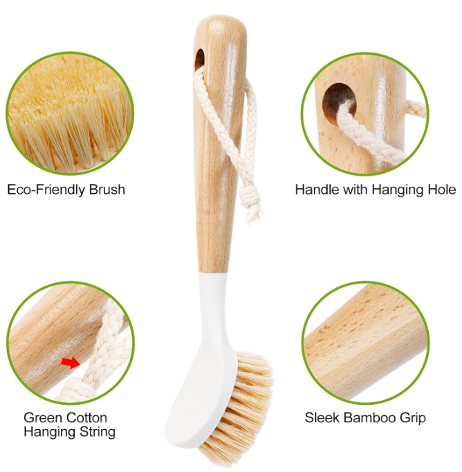 Kitchen White Dish Brush with Bamboo Handle Dish Scrubber Built-in Scraper Scrub Brush For Pans Pots Counter & Kitchen Sink