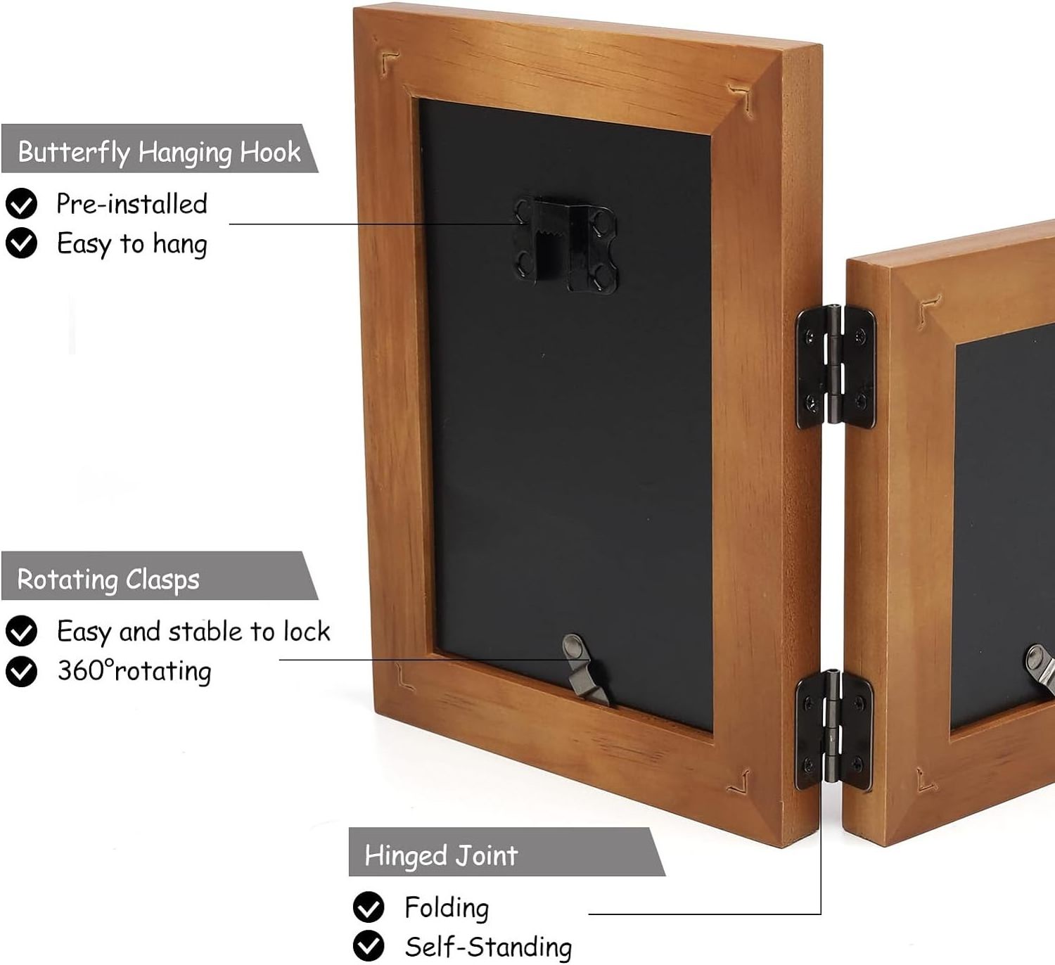 Double Picture Frames Wooden Hinged Folding Photo Frame 2 Opening Folding Family Frames Standing Vertically