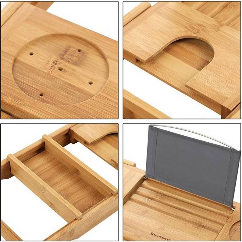 Wanuocraft  Ecofriendly Bamboo Wood Tray Bathtub Caddy Tray Adjustable Bath Shower Caddy