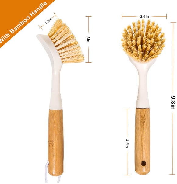 Kitchen White Dish Brush with Bamboo Handle Dish Scrubber Built-in Scraper Scrub Brush For Pans Pots Counter & Kitchen Sink