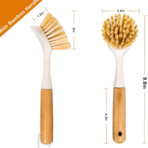 Kitchen White Dish Brush with Bamboo Handle Dish Scrubber Built-in Scraper Scrub Brush For Pans Pots Counter & Kitchen Sink