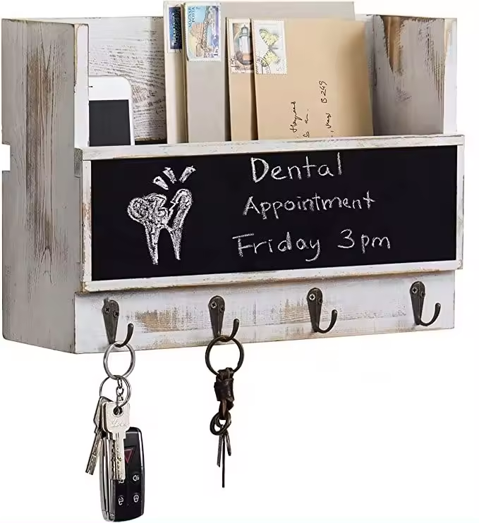 Rustic Burnt Wood Wall Mounted Entryway Storage Organizer with Blackboard and Key Hooks