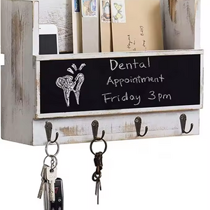 Rustic Burnt Wood Wall Mounted Entryway Storage Organizer with Blackboard and Key Hooks