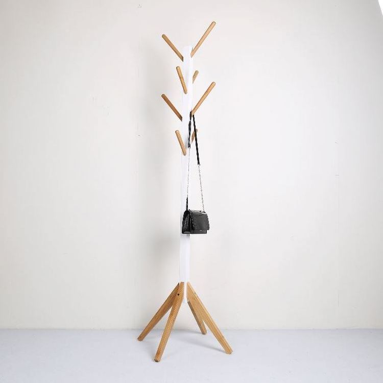 Welland modern white solid bamboo wood hook rack display hall tree for clothes hats and bags coat rack wardrobe