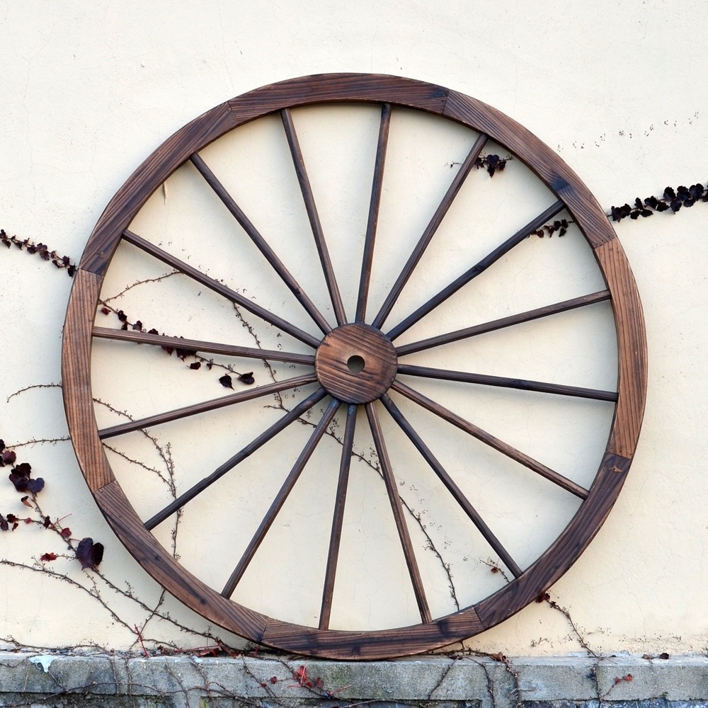 Decorative Wooden Wagon Wheels Flame Burnt Brown 42inch, 36inch, 32inch, 24inch