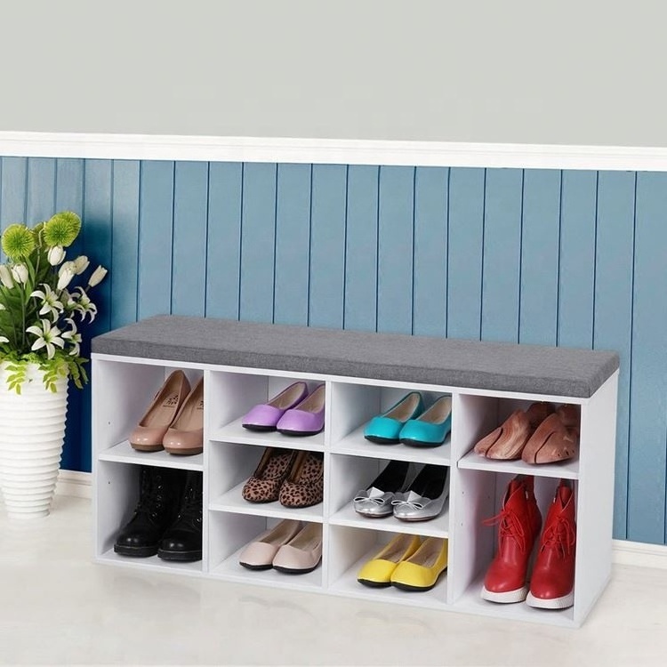 welland Entryway White 10 Compartments Storage Cabinet Shoe Shelf Rack Shoe Bench with Cushion