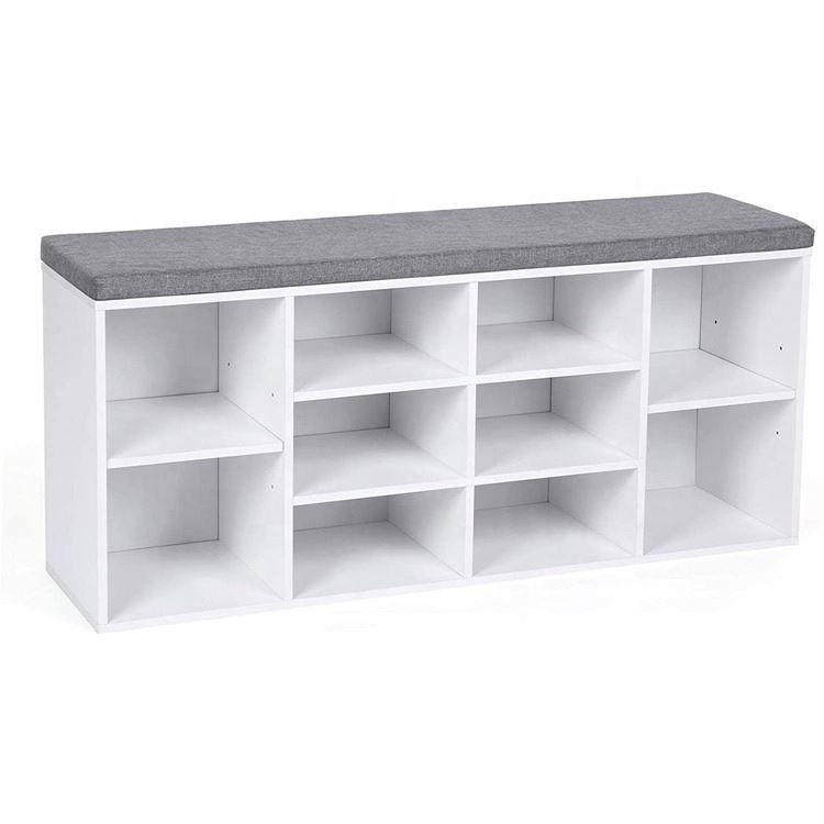 welland Entryway White 10 Compartments Storage Cabinet Shoe Shelf Rack Shoe Bench with Cushion