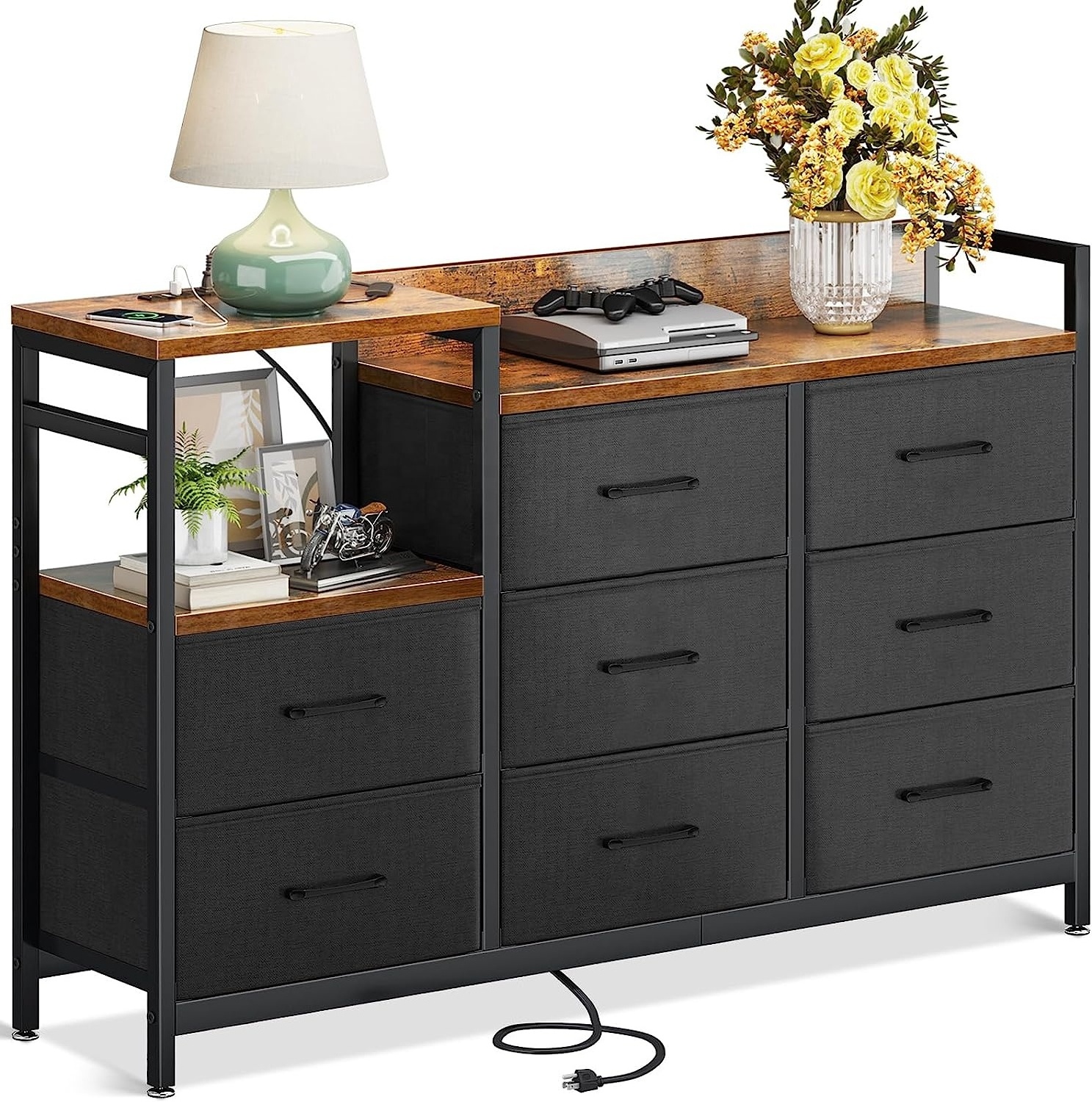 Dresser with Charging Station Chest of Drawers Easy-Pull Fabric Dressers for Closet, Living Room, Hallway