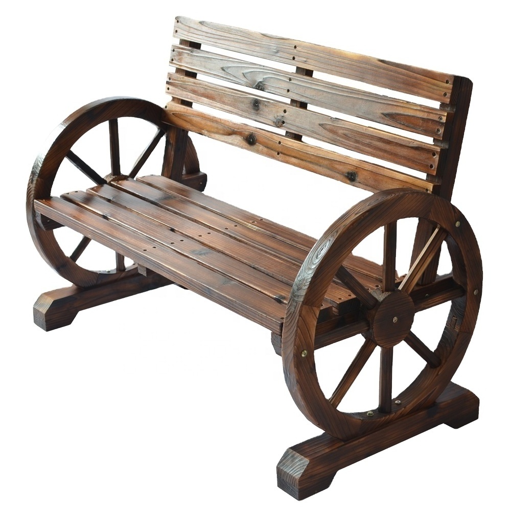 Strong Wooden Benches with Wagon Wheel Armrests. Solid Wood Lounge, Garden Patio, Balcony Chair