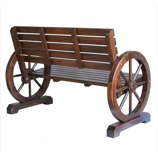 Strong Wooden Benches with Wagon Wheel Armrests. Solid Wood Lounge, Garden Patio, Balcony Chair