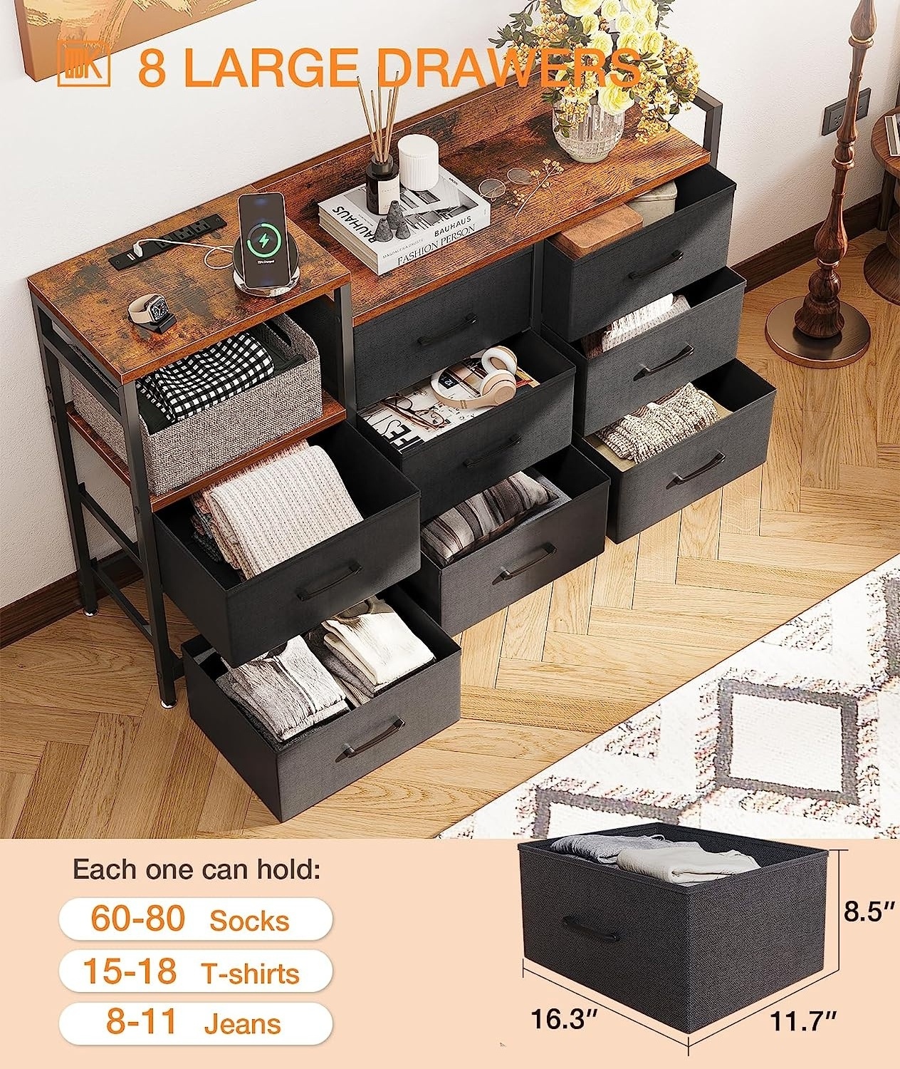 Dresser with Charging Station Chest of Drawers Easy-Pull Fabric Dressers for Closet, Living Room, Hallway