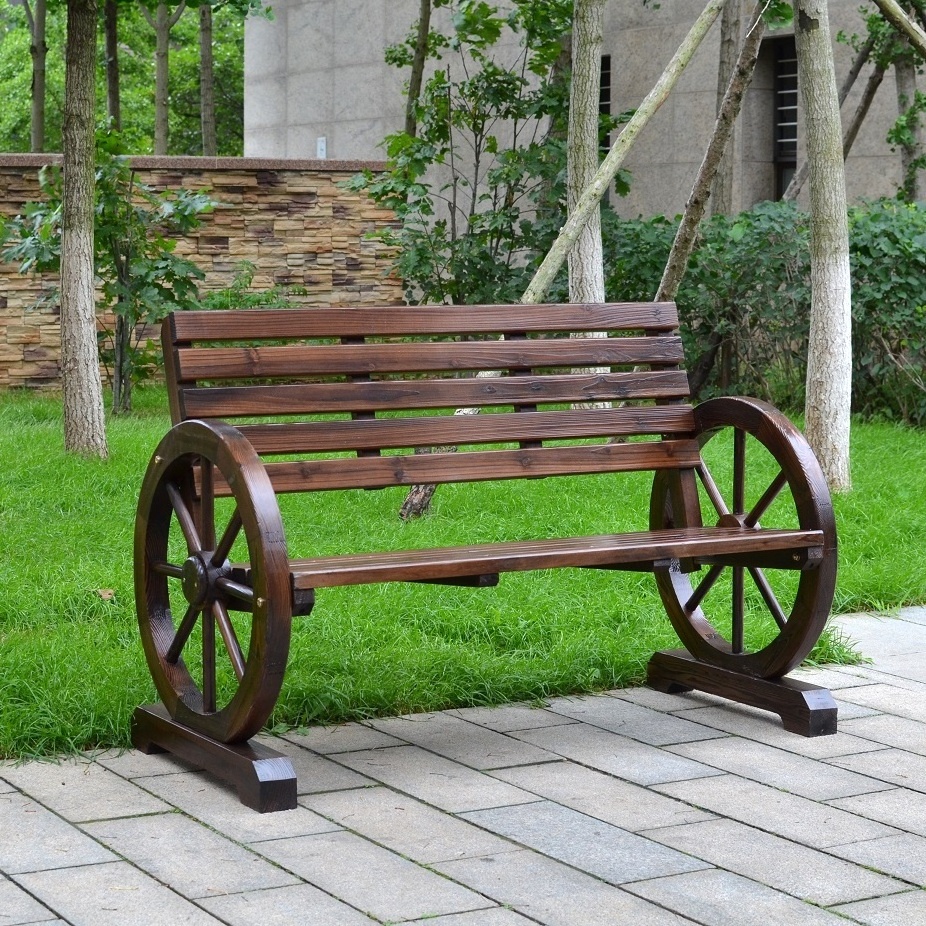 Strong Wooden Benches with Wagon Wheel Armrests. Solid Wood Lounge, Garden Patio, Balcony Chair