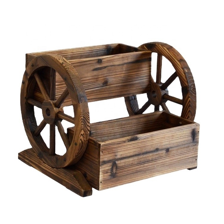 Double Tier Wooden Garden Planter Stand With Wagon Wheel Supports