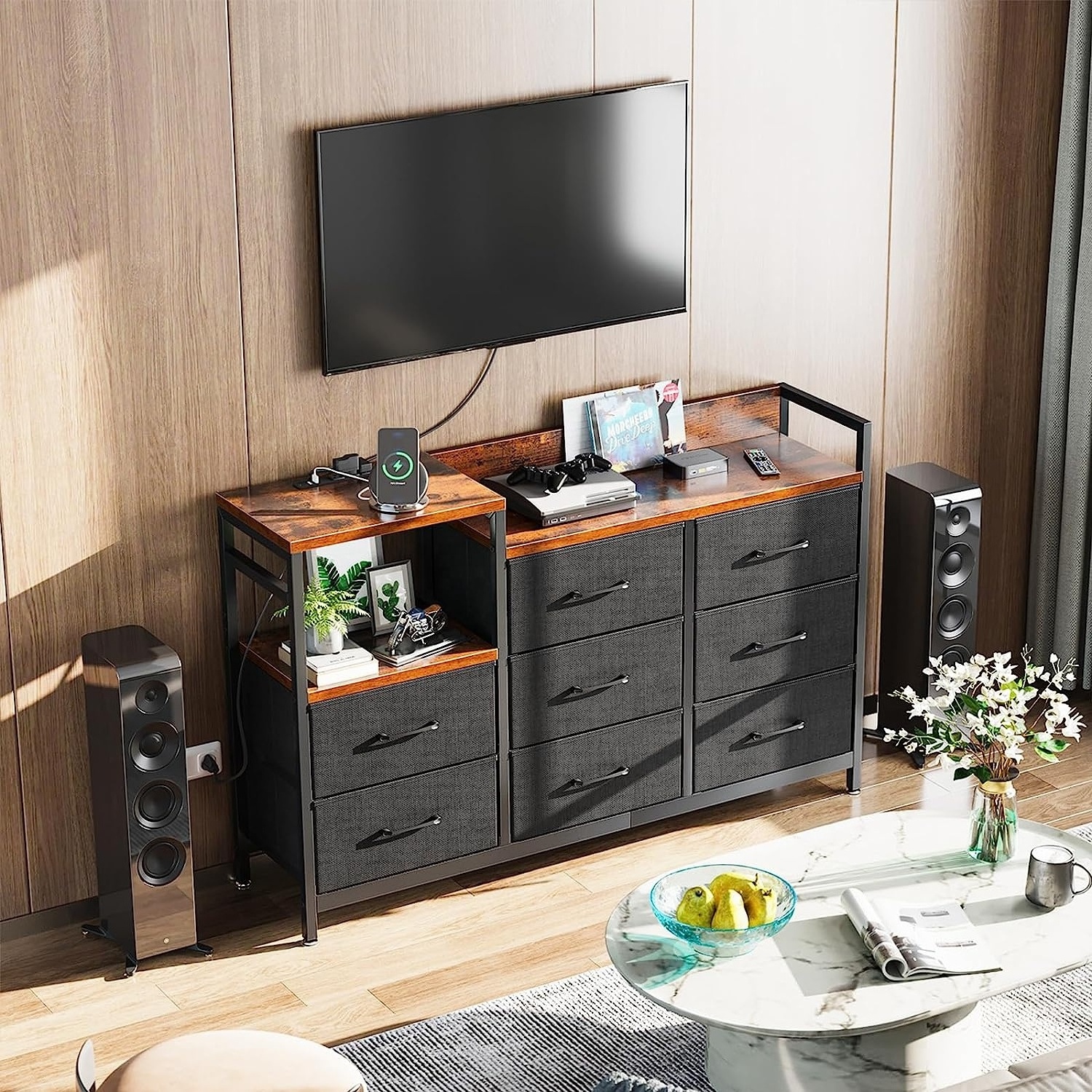 Dresser with Charging Station Chest of Drawers Easy-Pull Fabric Dressers for Closet, Living Room, Hallway