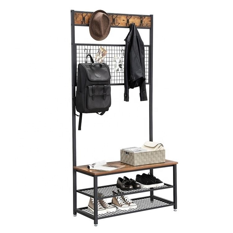 Welland wood antique stand cloth rack/clothing rack industrial/3 tier coat rack with storage bench