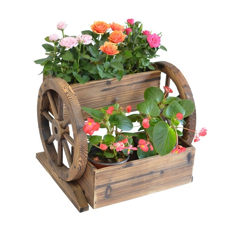 Double Tier Wooden Garden Planter Stand With Wagon Wheel Supports