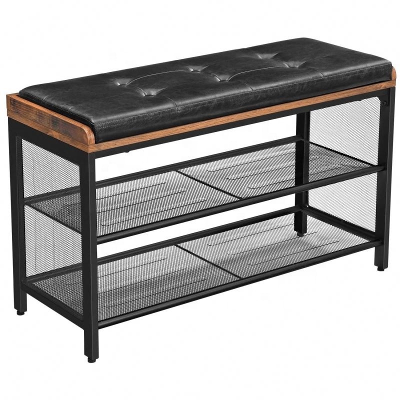 WELLAND Industrial Black Imitation Leather Hallway Shoe Bench, Padded Storage Bench with Mesh Shelf, Metal Frame Shoe Rack