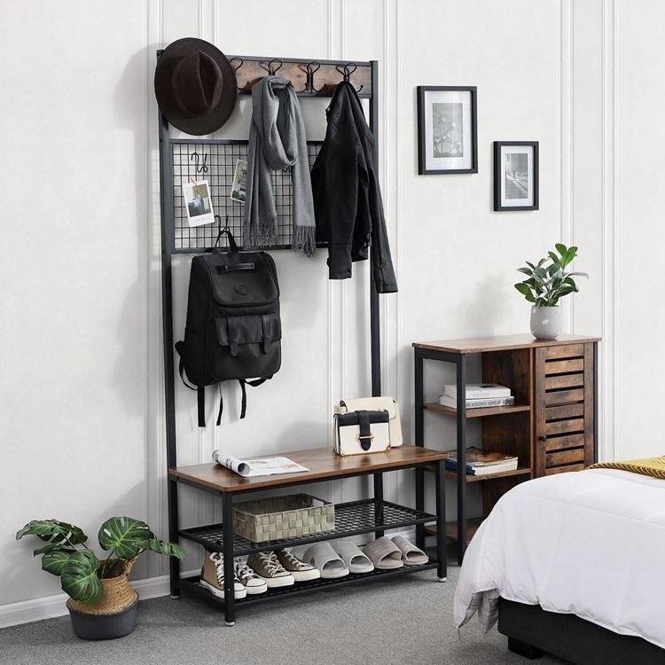 Welland wood antique stand cloth rack/clothing rack industrial/3 tier coat rack with storage bench