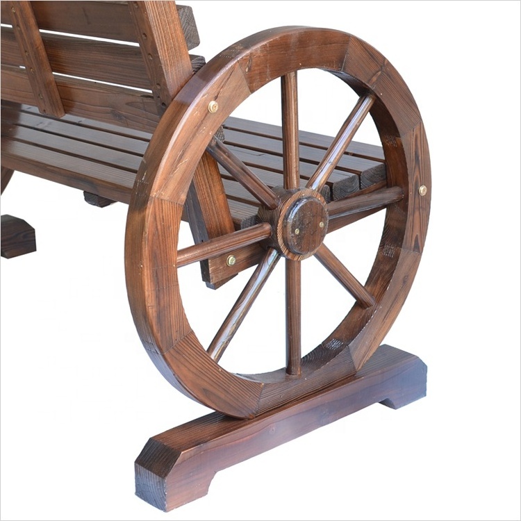 Strong Wooden Benches with Wagon Wheel Armrests. Solid Wood Lounge, Garden Patio, Balcony Chair