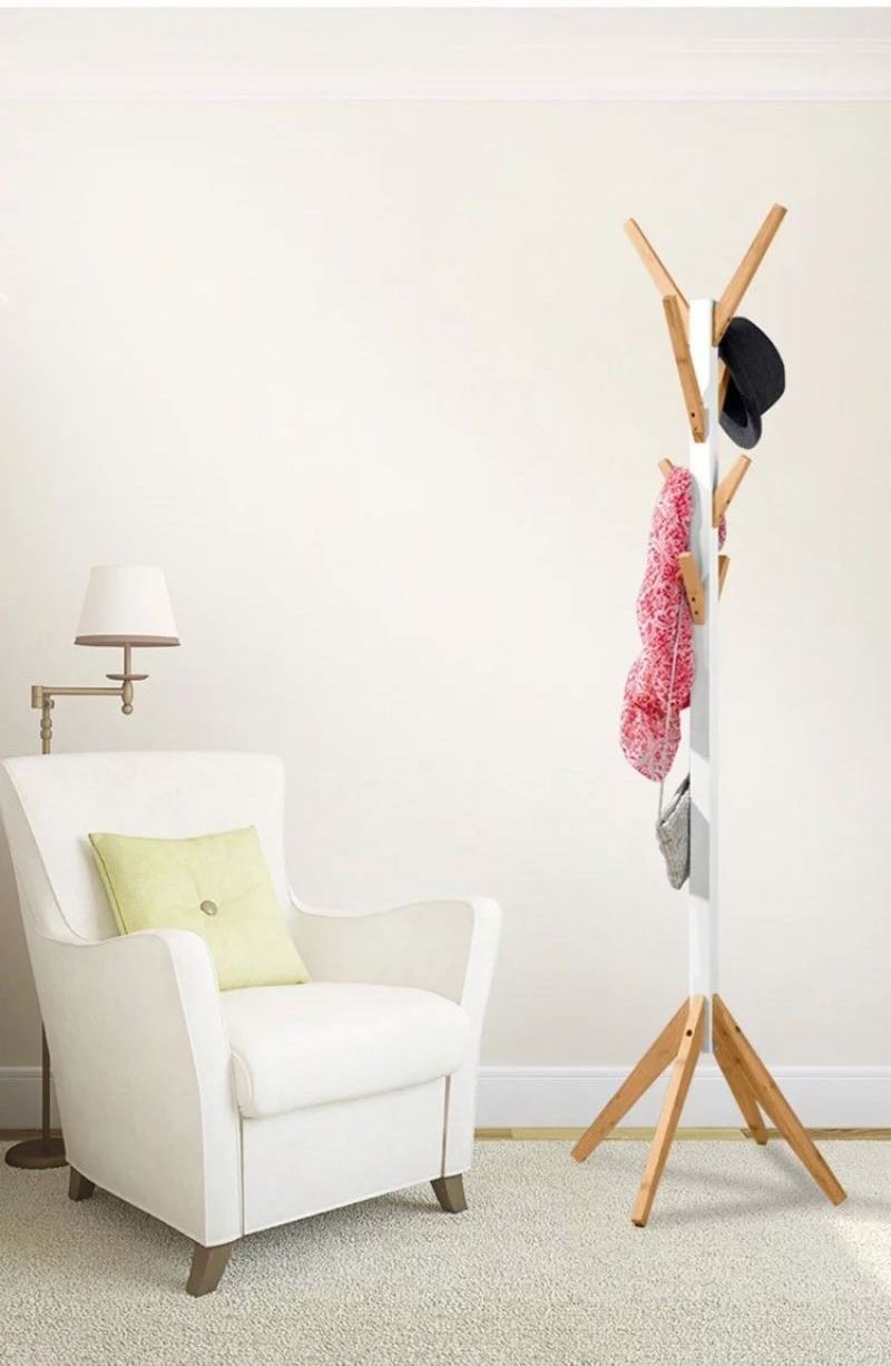 Welland modern solid bamboo hook rack with 8 hooks display hall tree for clothes hats and bags free standing coat rack