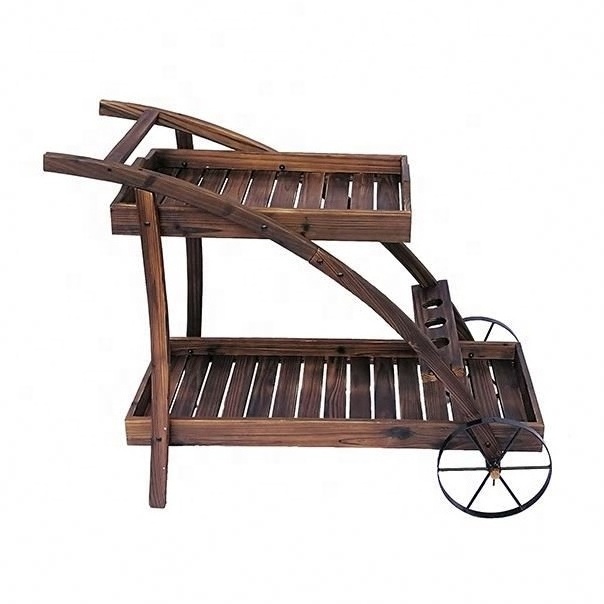 Garden Flower Planter Carts Solid Wood Stain Brown Wagon Planters