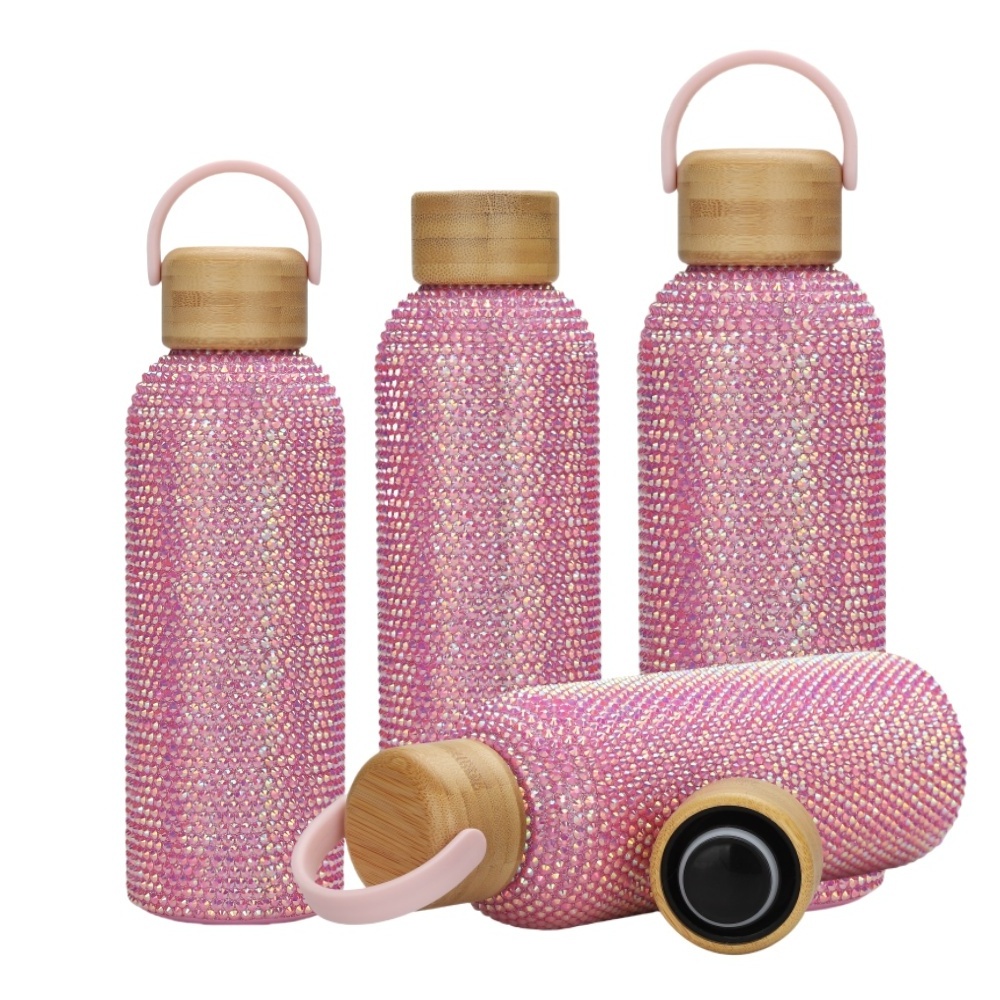 Bling Water Bottle Rhinestone Diamond Stainless Steel Glitter Bottle Vacuum Flask Sparkling Thermal Bottle with Wooden Lid