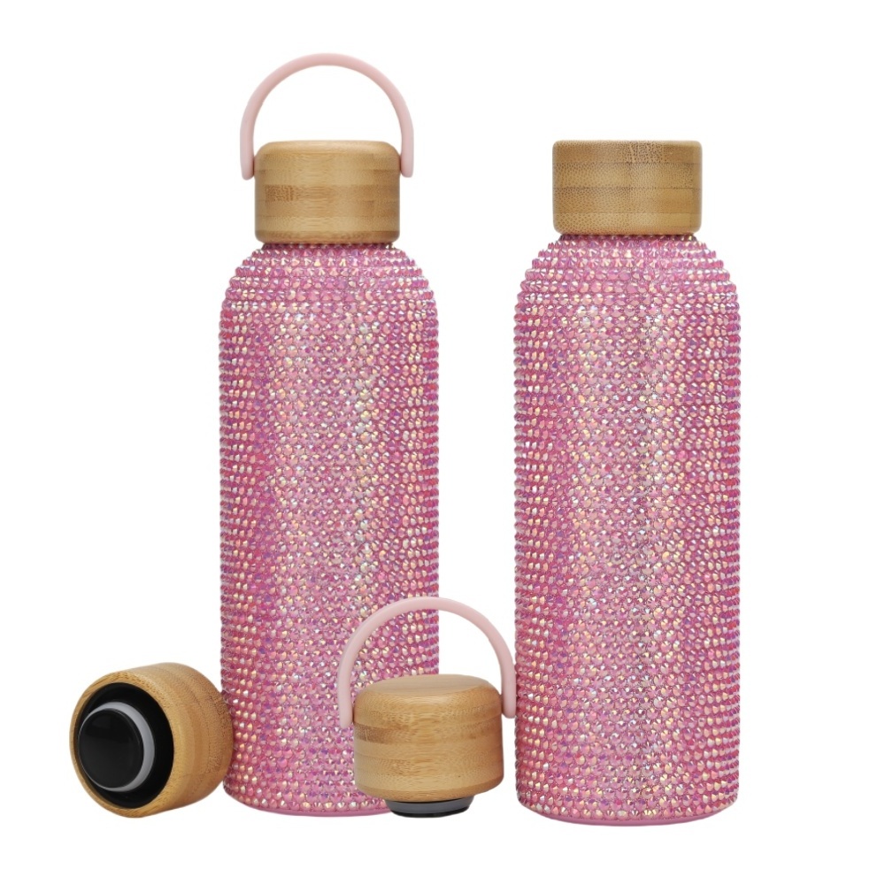 Bling Water Bottle Rhinestone Diamond Stainless Steel Glitter Bottle Vacuum Flask Sparkling Thermal Bottle with Wooden Lid