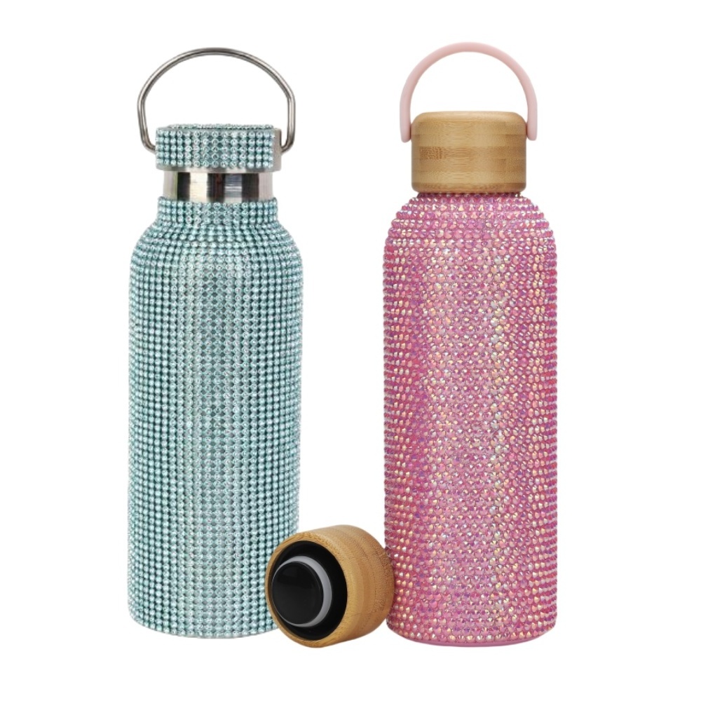 Bling Water Bottle Rhinestone Diamond Stainless Steel Glitter Bottle Vacuum Flask Sparkling Thermal Bottle with Wooden Lid