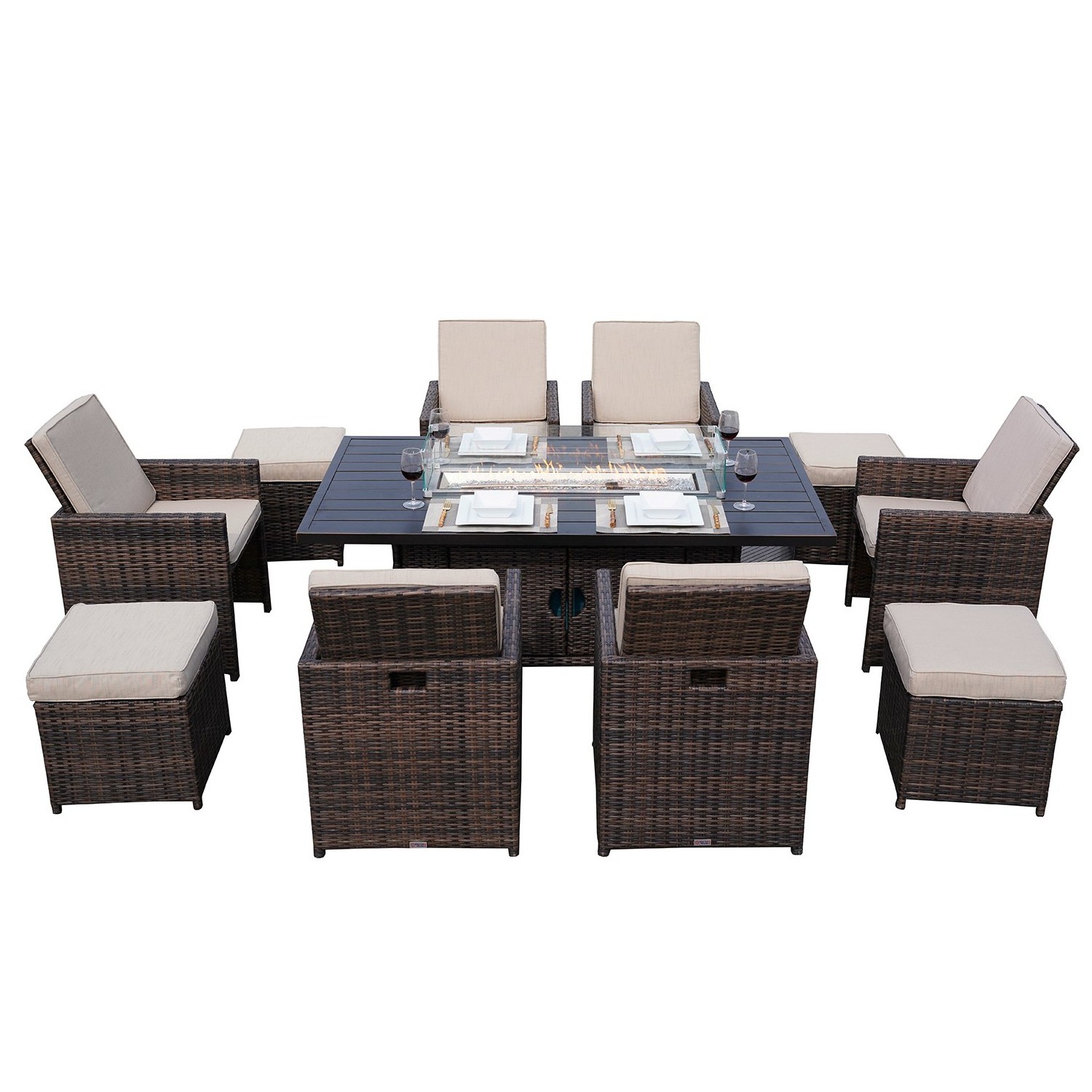 Outdoor Patio Furniture Multifunctional Rattan Fire Pit Dining Table Set With Chairs And Ottoman