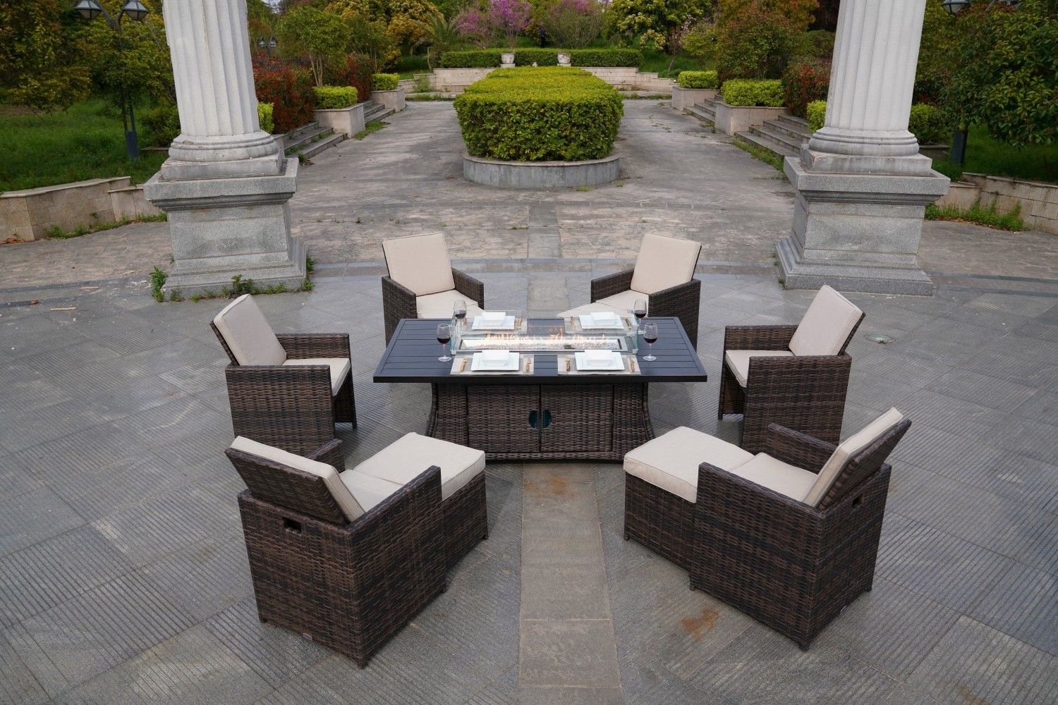 Outdoor Patio Furniture Multifunctional Rattan Fire Pit Dining Table Set With Chairs And Ottoman